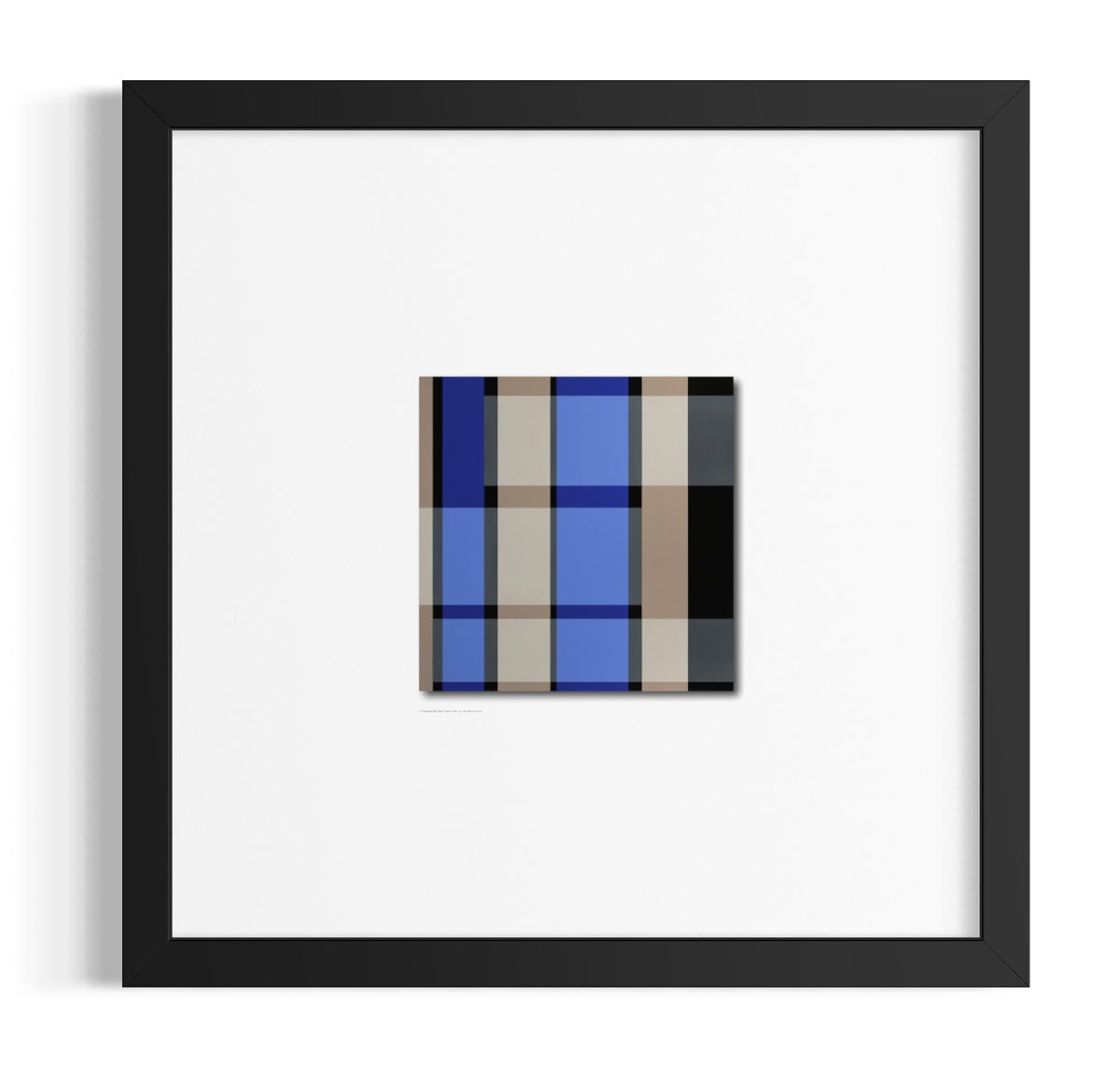 Inspired by stained-glass windows, a square black-framed contemporary wall art print with a white mat and a small central abstract plaid pattern in blue, beige, brown, black, and gray.