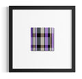 A square contemporary geometric art print with a spiritual story in a plaid pattern of purple, taupe, black, beige and brown housed in a black frame with a white mat.
