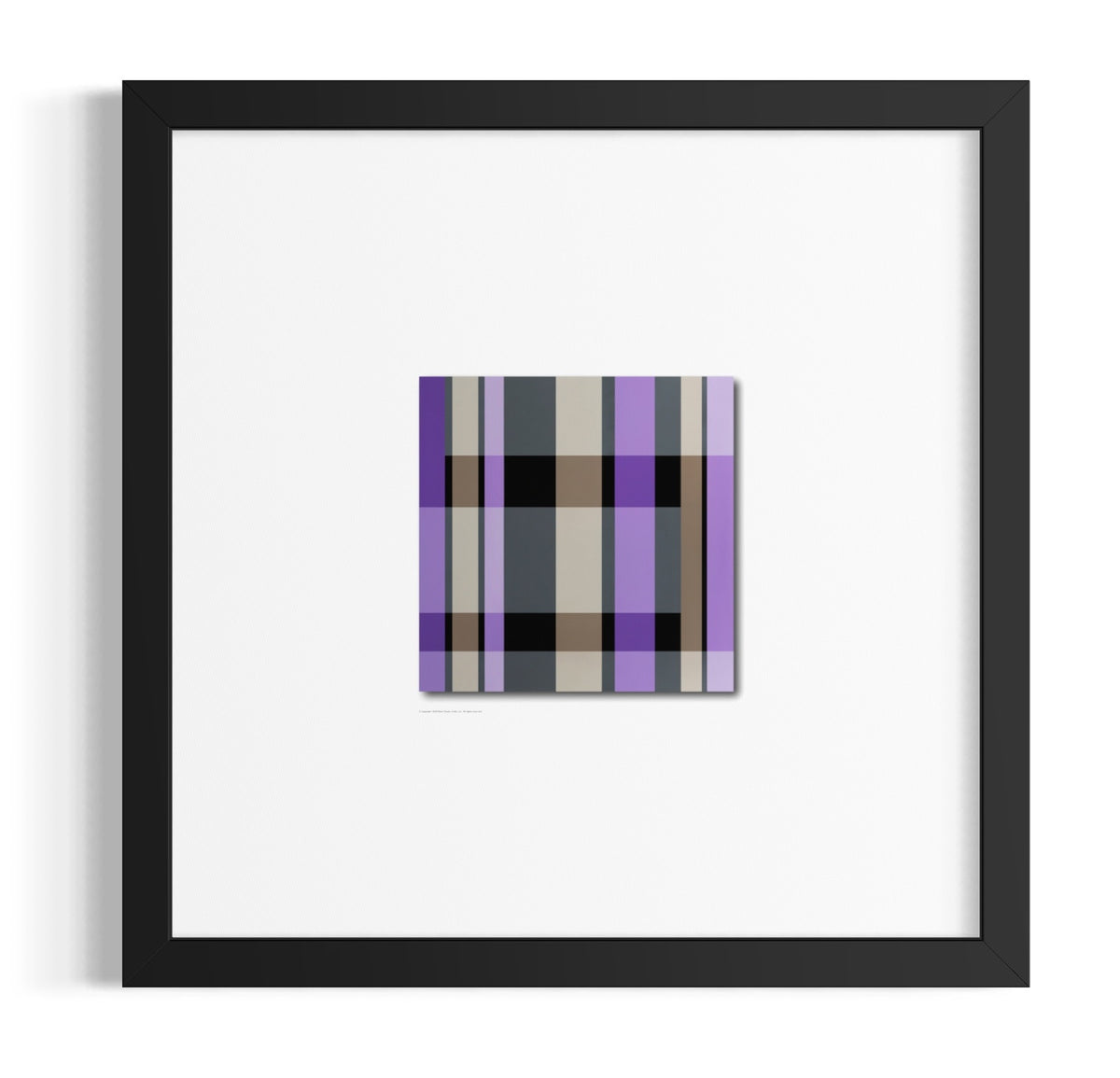 A square contemporary geometric art print with a spiritual story in a plaid pattern of purple, taupe, black, beige and brown housed in a black frame with a white mat.