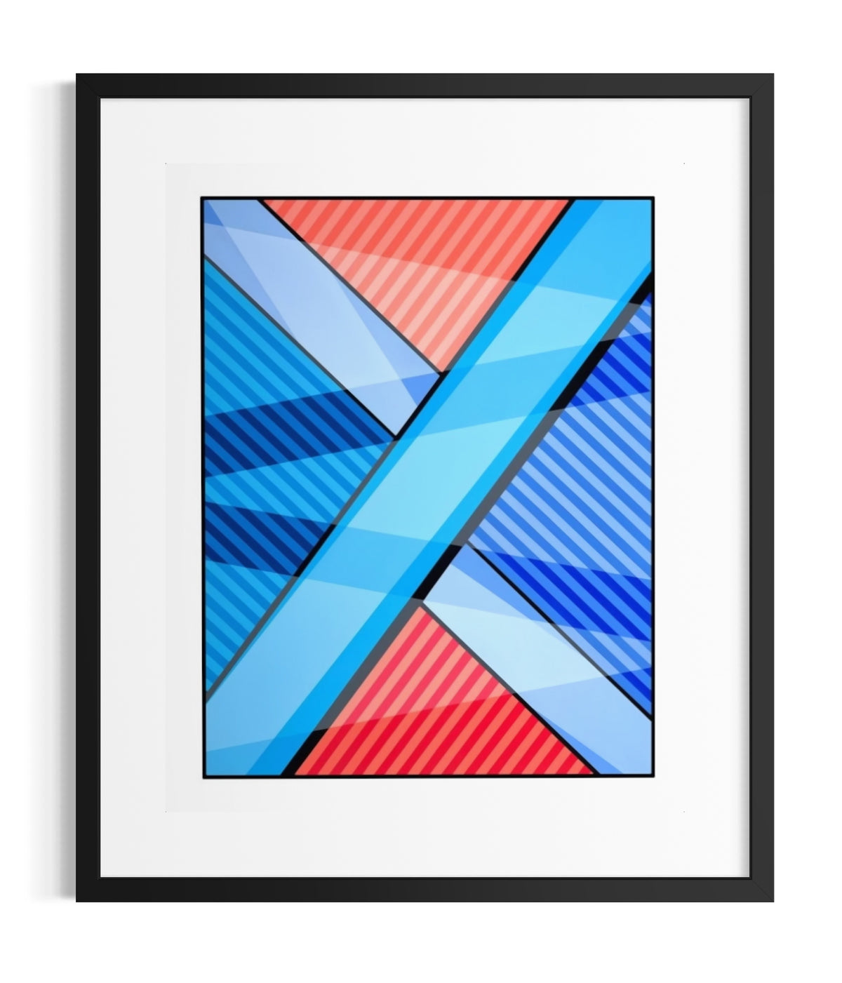 Framed abstract geometric wall art about the search for meaning featuring intersecting diagonal bands and striped sections in blue, red, and light blue, presented in a black frame with a white mat against a light gray background.