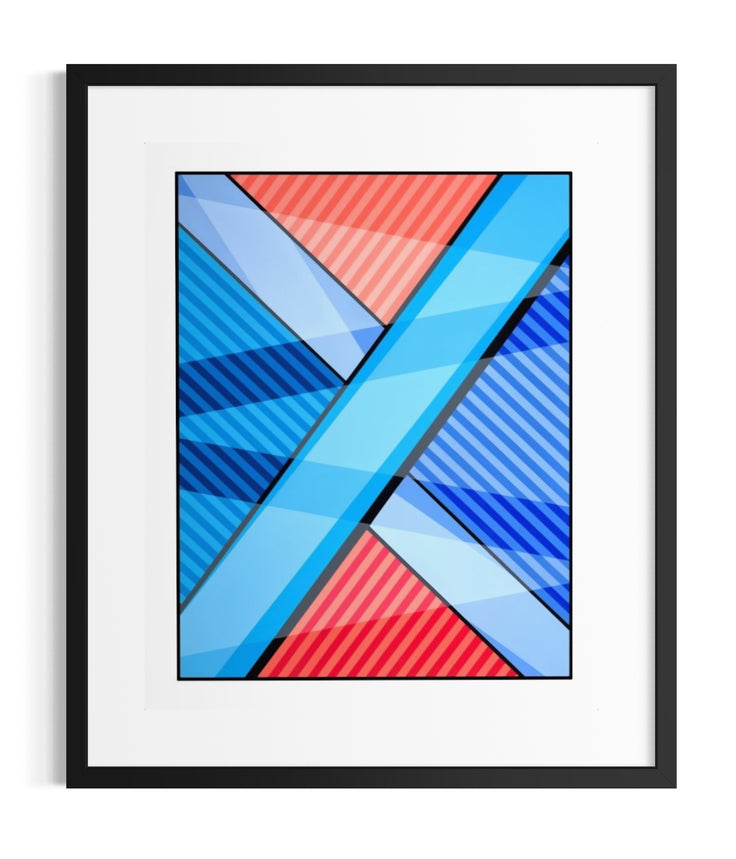 Framed abstract geometric wall art about the search for meaning featuring intersecting diagonal bands and striped sections in blue, red, and light blue, presented in a black frame with a white mat against a light gray background.